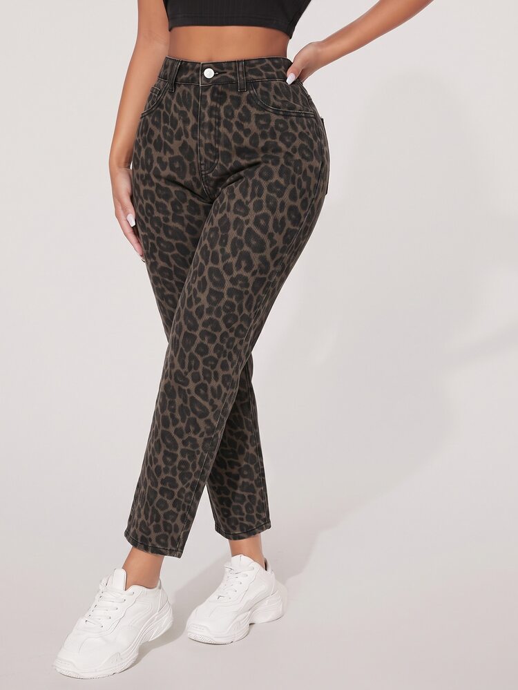 Rivivi Petite Women's Leopard Print Button Denim Cropped Pants - Multicolor - View 3