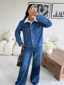 Rivivi Women's Fashion Casual Composite Fur Collar Washed Denim Jacket - Medium Wash - View 6