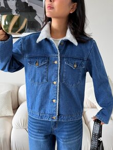 Rivivi Women's Fashion Casual Composite Fur Collar Washed Denim Jacket - Medium Wash - View 4