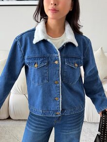 Rivivi Women's Fashion Casual Composite Fur Collar Washed Denim Jacket - Medium Wash - View 5