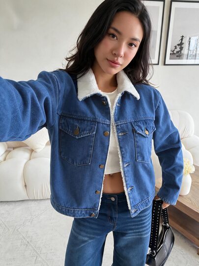 Rivivi Damen Mode Lässig Verbundstoff Fellkragen Washed Denim Jacke