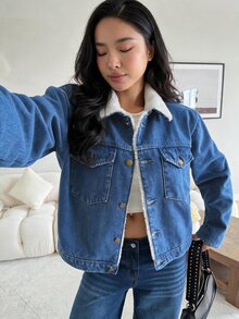 Rivivi Women's Fashion Casual Composite Fur Collar Washed Denim Jacket - Medium Wash - View 1