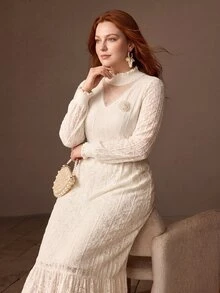 MOTF PREMIUM PLUS SIZE WOMEN'S AUTUMN/WINTER LACE KNIT DRESS - White - View 3