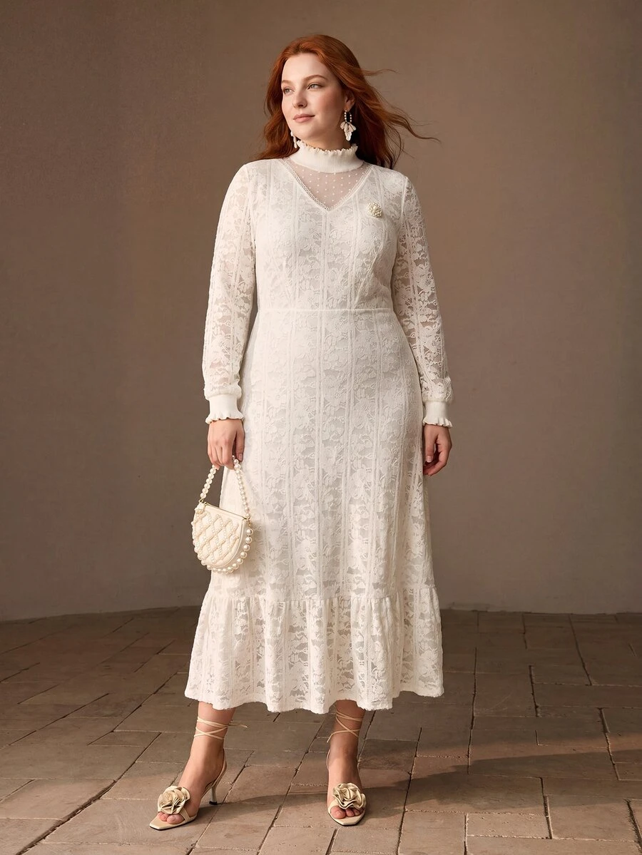 MOTF PREMIUM PLUS SIZE WOMEN'S AUTUMN/WINTER LACE KNIT DRESS - White - View 2