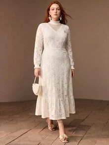 MOTF PREMIUM PLUS SIZE WOMEN'S AUTUMN/WINTER LACE KNIT DRESS - White - View 4