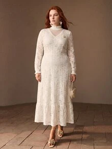 MOTF PREMIUM PLUS SIZE WOMEN'S AUTUMN/WINTER LACE KNIT DRESS - White - View 5