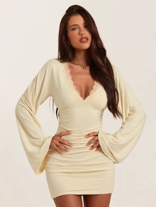 SHEIN BAE Spring/Autumn / Cream Almond Color / Deep V-Neck Flared Long Sleeve Ruched Waist Bodycon Short Dress ,Thanksgiving,Holiday Party, - Apricot - View 4