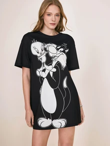 LOONEY TUNES X SHEIN Women's Cartoon Print Short Sleeve Casual Short Dress - Black - View 3