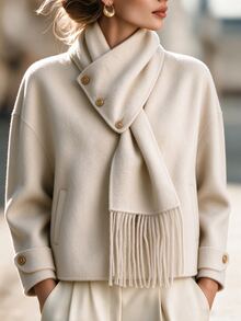 SHEIN Women's Elegant Wool Scarf Coat, Fall/ Office Off-White - Apricot - View 7