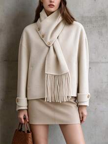 SHEIN Women's Elegant Wool Scarf Coat, Fall/ Office Off-White - Apricot - View 4