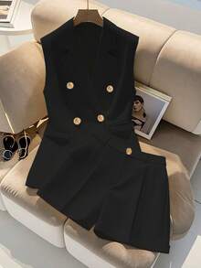 SHEIN 2pcs Premium Quality Sleeveless Vest & Shorts Set - Black - View 6
