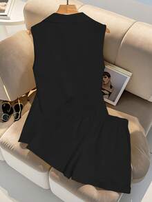 SHEIN 2pcs Premium Quality Sleeveless Vest & Shorts Set - Black - View 2