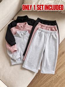 SHEIN 1套嬰兒女童與男童純色拉鍊立領抓絨衛衣寬腿運動褲套裝，幼兒秋季穿搭，度假外穿牛柄 - 彩色 - 查看 1