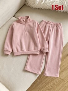 SHEIN 1套嬰兒女童與男童純色拉鍊立領抓絨衛衣寬腿運動褲套裝，幼兒秋季穿搭，度假外穿牛柄 - 彩色 - 查看 6