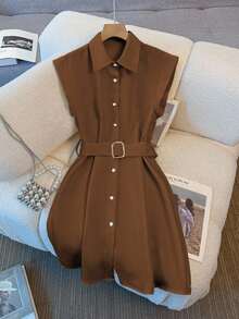 SHEIN Plain-Colored Urban Casual Commuting Midi Dress For Women - Brown - View 7