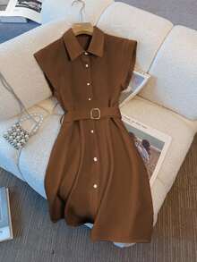 SHEIN Plain-Colored Urban Casual Commuting Midi Dress For Women - Brown - View 3