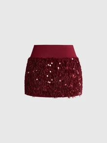 ROMWE Y2K Chân váy nhung lông đính sequin màu đỏ rượu vang cho nữ, phong cách tiệc tùng mùa thu/đông - Màu Đỏ Sâu - Xem 2