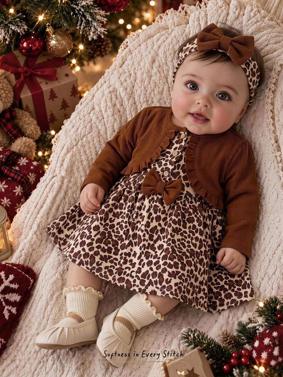 Cozy Pixies Baby Girl Baby Girl Casual Daily Comfortable Leopard Print + 2 In 1 Cardigan Effect Half-Button Pullover Autumn Dress - Brown - View 1