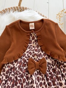 Cozy Pixies 女嬰休閒日常舒適豹紋 2 合 1 開襟效果半鈕扣套頭秋季洋裝 - 棕色 - 查看 3