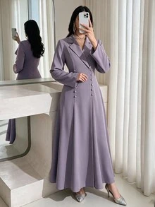 Al Najma 女款純色翻領長袖優雅端莊阿拉伯式長袍，保守款正式冬季長袍 - 淺灰紫 - 查看 1