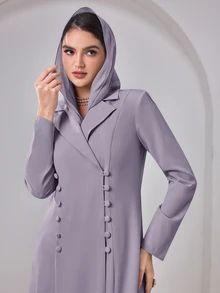 Al Najma 女款純色翻領長袖優雅端莊阿拉伯式長袍，保守款正式冬季長袍 - 淺灰紫 - 查看 7