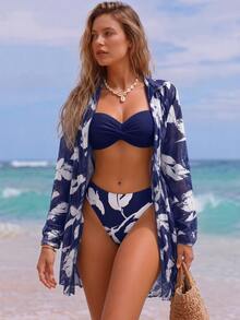 SHEIN Swim 3pcs Plant Print Push Up Bandeau Bikini Set,Summer Beach - Blue and White - View 4