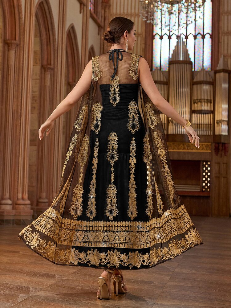 Al Najma Women's Elegant Spring/Summer Mesh Robe With Neck Tie, Arabic Style Set - Black - View 3