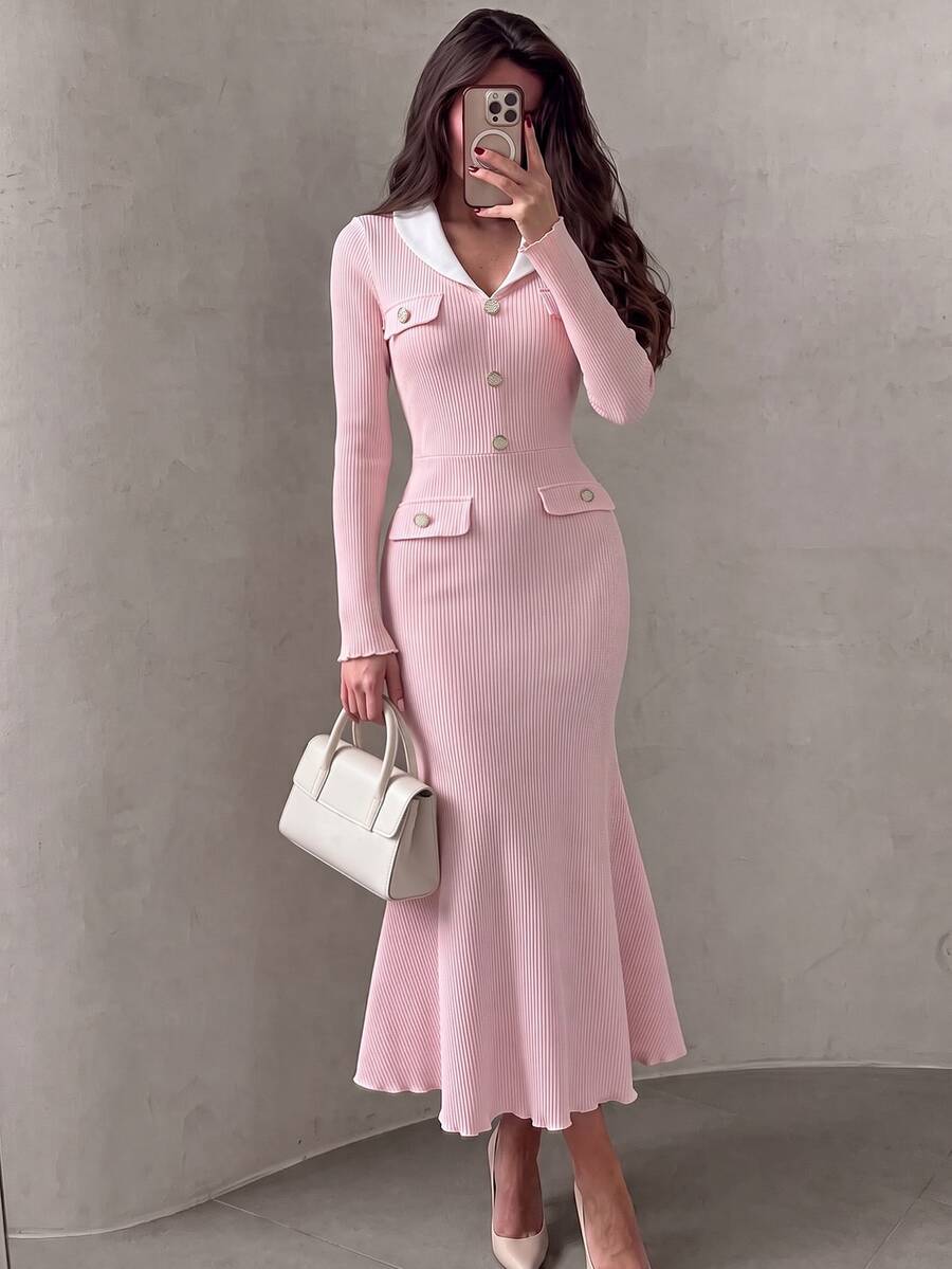 NOVVYNE Women's Pink Knitted Textured Long Sleeve Contrast White Knitted Peter Pan Collar Button-Up Cinched Waist Bodycon Fishtail Midi Dress - Pink - View 1