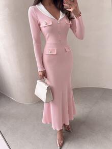 NOVVYNE Women's Pink Knitted Textured Long Sleeve Contrast White Knitted Peter Pan Collar Button-Up Cinched Waist Bodycon Fishtail Midi Dress - Pink - View 7