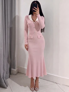 NOVVYNE Women's Pink Knitted Textured Long Sleeve Contrast White Knitted Peter Pan Collar Button-Up Cinched Waist Bodycon Fishtail Midi Dress - Pink - View 5