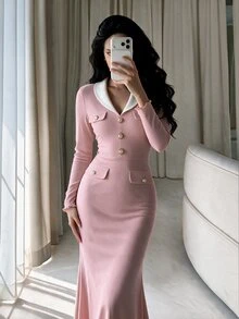 NOVVYNE Women's Pink Knitted Textured Long Sleeve Contrast White Knitted Peter Pan Collar Button-Up Cinched Waist Bodycon Fishtail Midi Dress - Pink - View 8