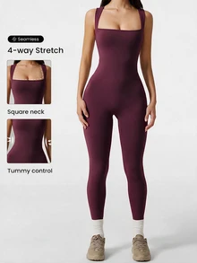 Easithlete Easithlete 女款純色方領日常健身運動連身褲 - 酒紅色 - 查看 2