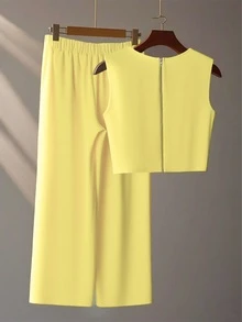 SHEIN French High-Level Chic Three-Dimensional Beaded Sleeveless Tops Layered Wide-Leg Pants,Ladies Elegant Yellow Summer Tea Party Summer Two Pieces Suits - Yellow - View 2