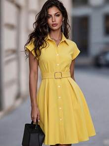 SHEIN 纯色休闲都市通勤风格女式中长连衣裙 - 黃色 - 查看 1