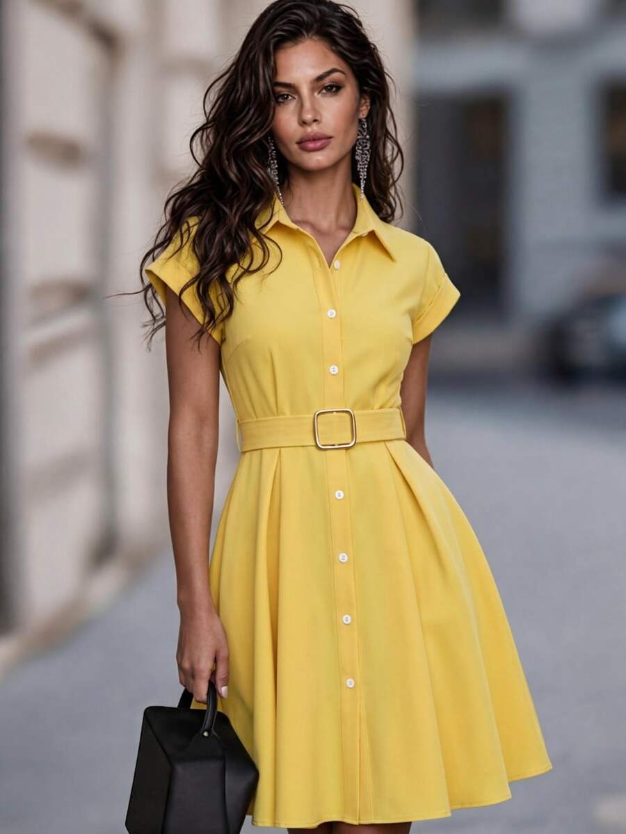 SHEIN 纯色休闲都市通勤风格女式中长连衣裙 - 黃色 - 查看 1