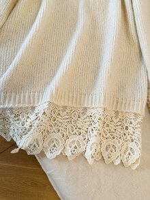 Franclia Women's Solid Color High Neck Drop Shoulder Long Sleeve Lace Hem Patchwork Sweater - White - View 5