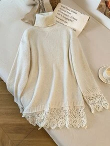 Franclia Women's Solid Color High Neck Drop Shoulder Long Sleeve Lace Hem Patchwork Sweater - White - View 4