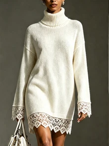 Franclia Women's Solid Color High Neck Drop Shoulder Long Sleeve Lace Hem Patchwork Sweater - White - View 3
