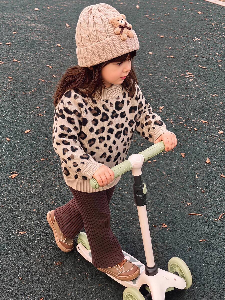 SHEIN Baby Girl Animal Jacquard Textured Thick Pullover Long Sleeve Sweater And Solid Color Ribbed Straight Leg Knit Autumn Pants Set, Suitable For Winter - Brown - View 1