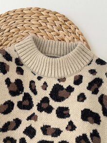 SHEIN 女嬰動物提花紋理加厚長袖套頭毛衣與純色羅紋直筒針織秋季長褲套裝，適合冬季 - 棕色 - 查看 6