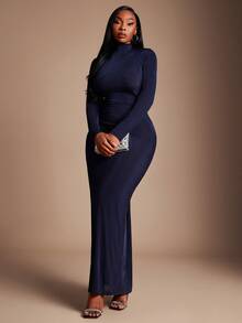 Radiana Plus Size Sweet Mermaid Hem Long Sleeve Dress - Black - View 4