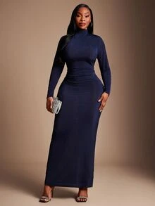Radiana Plus Size Sweet Mermaid Hem Long Sleeve Dress - Black - View 5