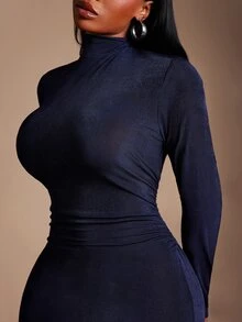 Radiana Plus Size Sweet Mermaid Hem Long Sleeve Dress - Black - View 8