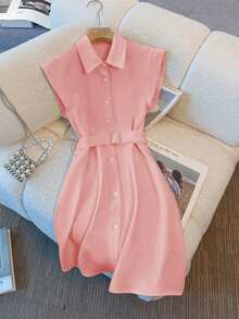 SHEIN 纯色都市休闲通勤风格女式中长连衣裙 - 粉色 - 查看 7