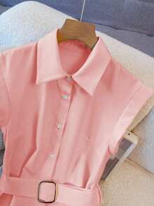SHEIN 纯色都市休闲通勤风格女式中长连衣裙 - 粉色 - 查看 5