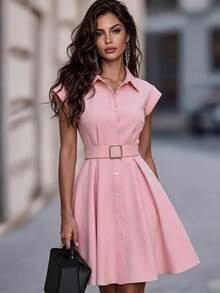 SHEIN 纯色都市休闲通勤风格女式中长连衣裙 - 粉色 - 查看 1