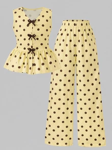 SHEIN Tween Girls 2pcs/Set Bow Button Brown Polka Dot Print Tank Top Long Pants S Set, Summer, Cute, Casual, Outfit, Holiday Girls Trip Vacation Birthday - Yellow - View 4