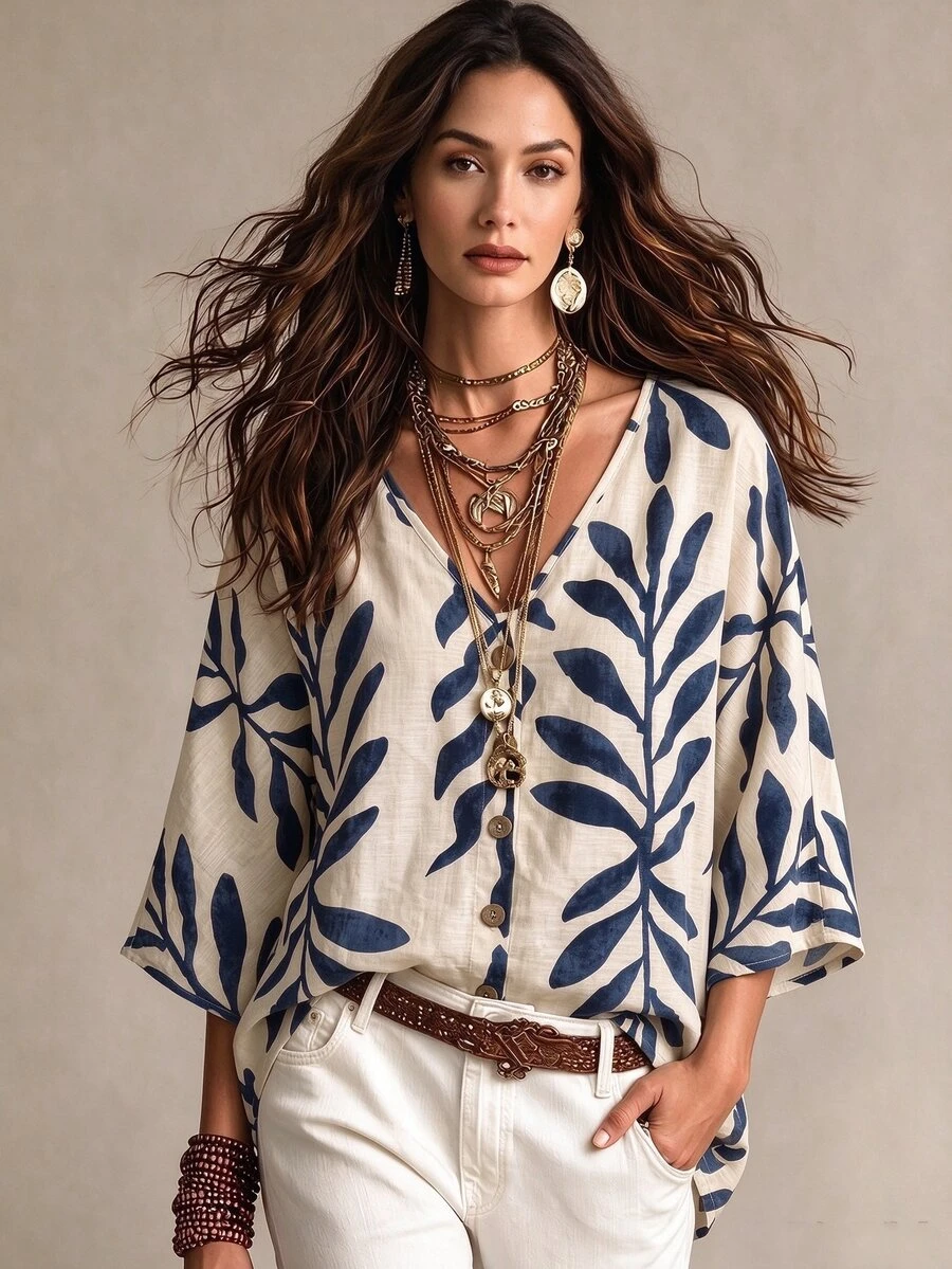 SHEIN Unity Women's Simple Casual Comfortable Loose Digital Print Shirt - Dark Wash - View 1