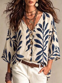 SHEIN Unity Women's Simple Casual Comfortable Loose Digital Print Shirt - Dark Wash - View 4