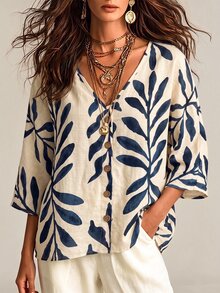 SHEIN Unity Women's Simple Casual Comfortable Loose Digital Print Shirt - Dark Wash - View 7